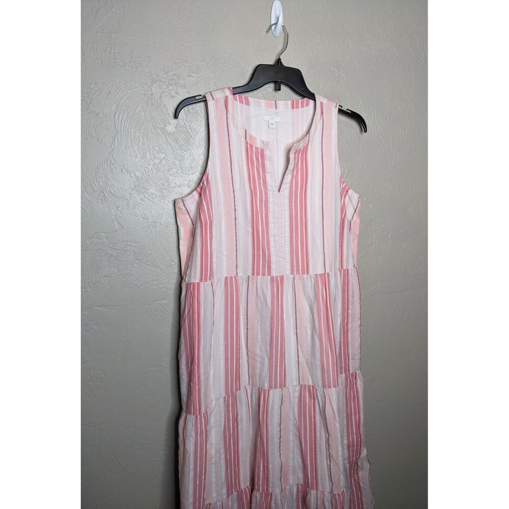 J. Jill Womens Large Pink White Stripe Cotton Lined V-Neck Maxi Dress Pockets - Picture 2 of 7
